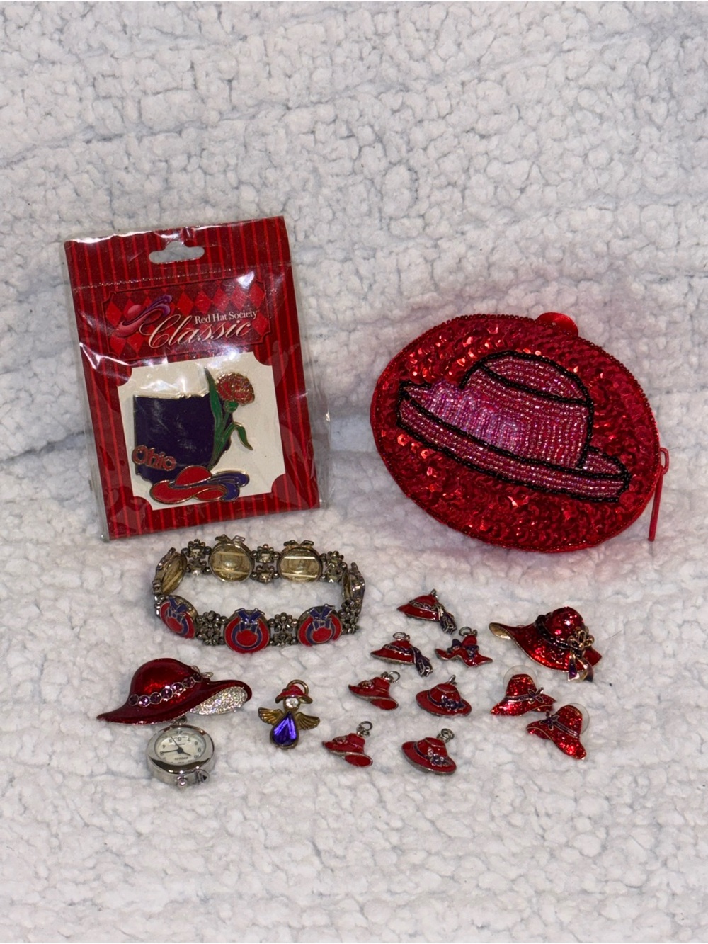 Huge Red Hat Society Jewelry Lot Purse Pins Bracelet Watch Charms Earrings